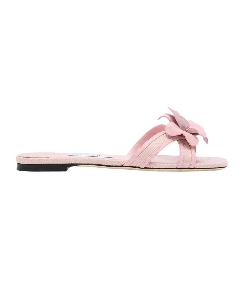 Jimmy Choo Delani Flower Raffia and Leather Flat Slide Sandals