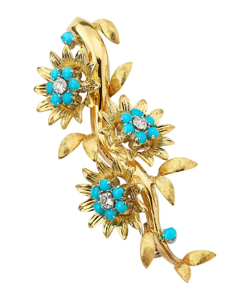 NM Estate Estate 18K Yellow Gold and Platinum Turquoise Floral Pin with Diamonds