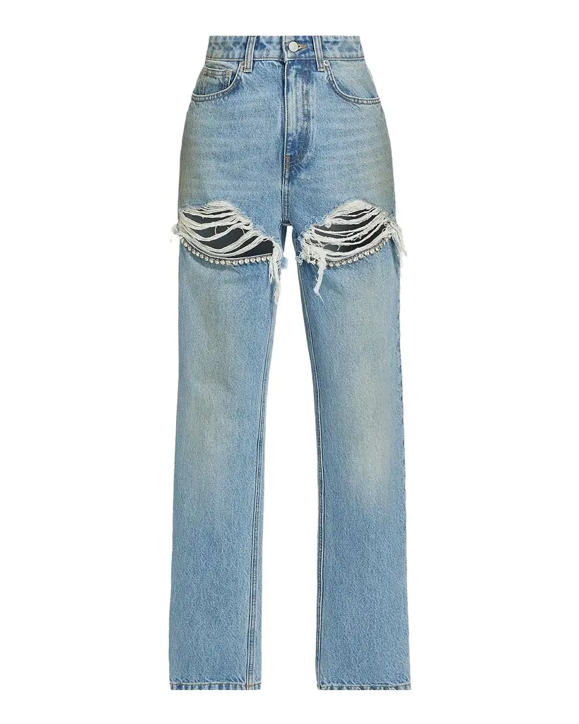 AREA Crystal Frayed Slit Barrel-Leg Jeans