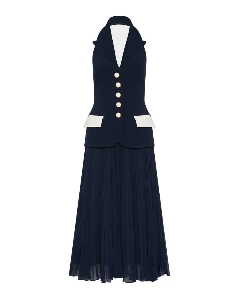 REBECCA VALLANCE Ula Halter Lapel Pleated Midi Dress