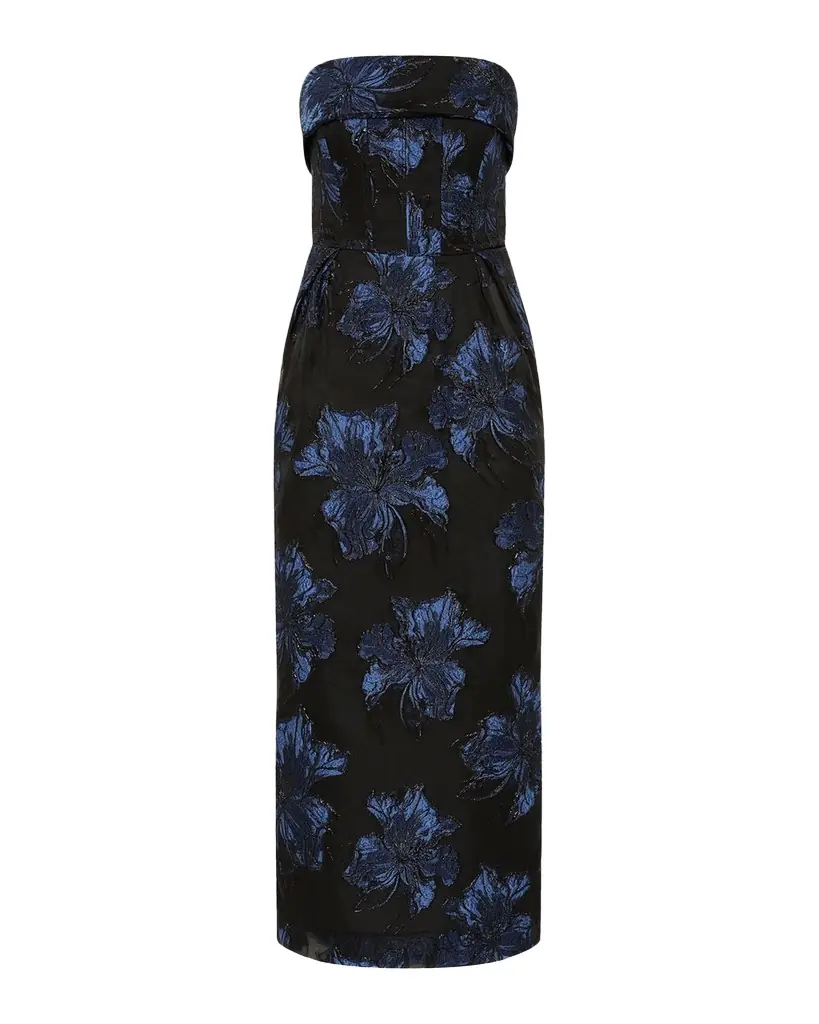 REBECCA VALLANCE Alexandra Strapless Floral Brocade Midi Dress