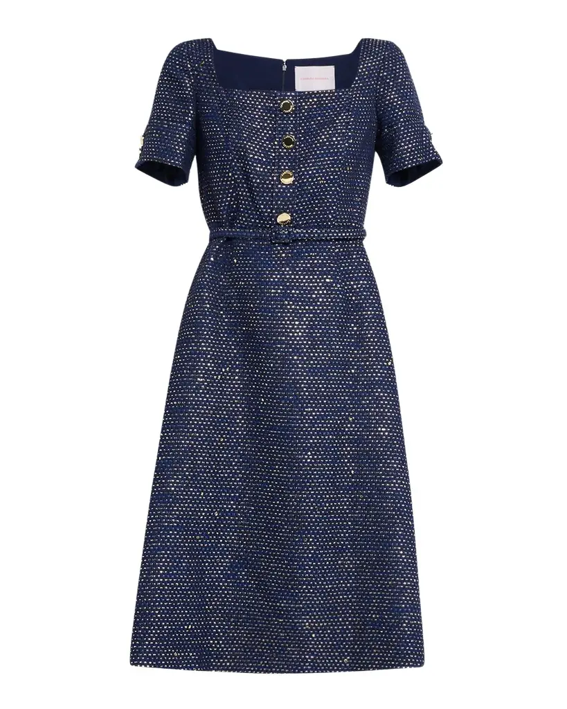 Carolina Herrera Metallic Tweed Button-Front Belted Midi Dress