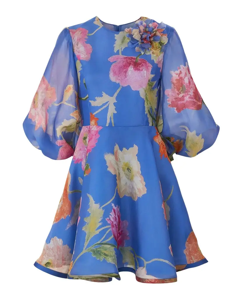 Carolina Herrera Floral Silk Puff-Sleeve Corsage Mini Dress