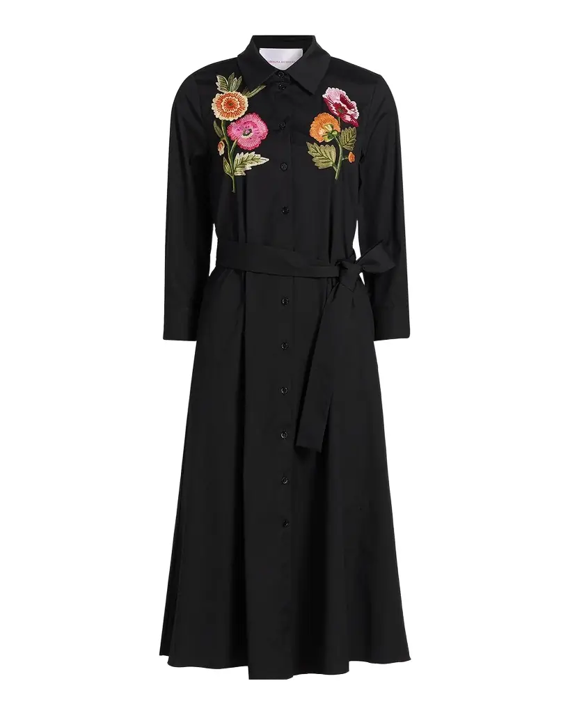 Carolina Herrera Floral Embroidered 3/4-Sleeve Midi Shirtdress
