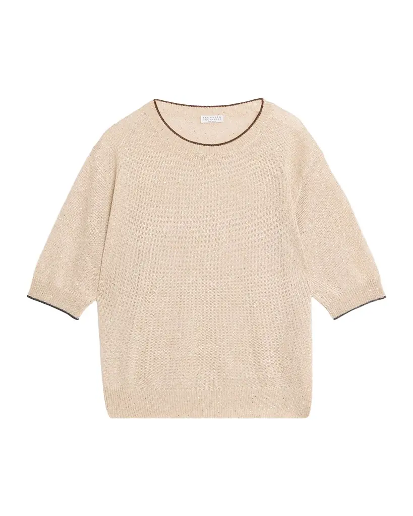 Brunello Cucinelli Linen-Cotton Paillette Short-Sleeve Sweater