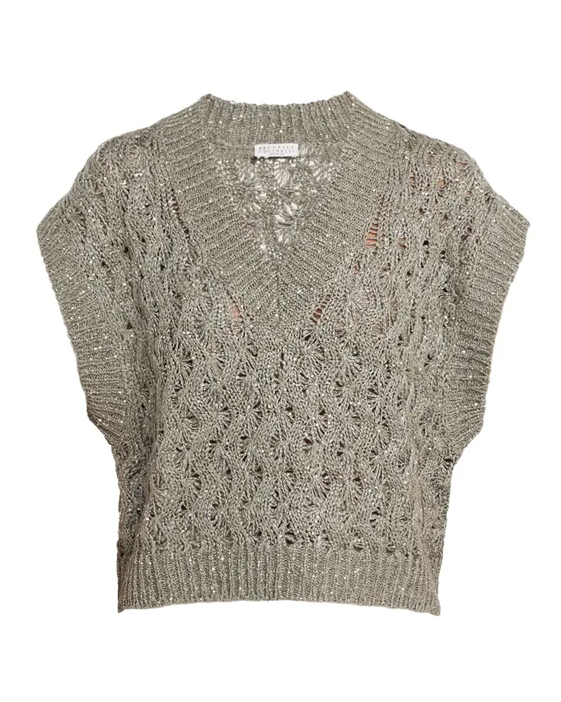 Brunello Cucinelli V-Neck Paillette Open-Knit Vest