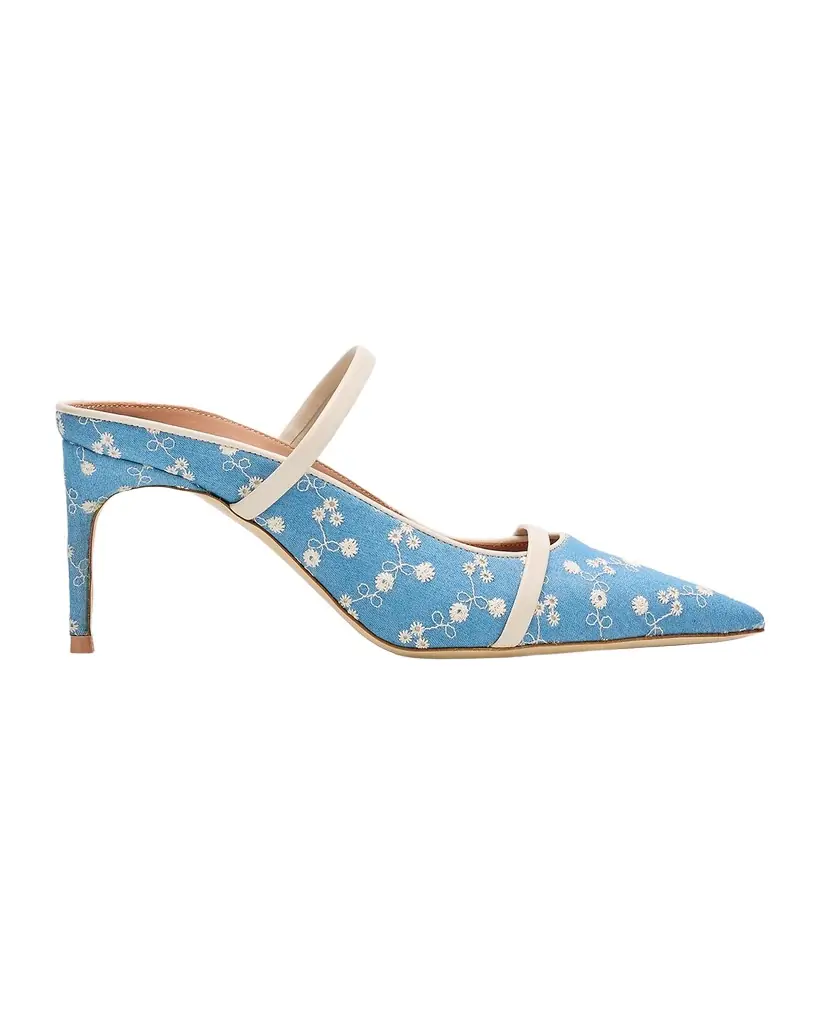 Malone Souliers 70mm Aurora Embroidered Denim Mule Pumps