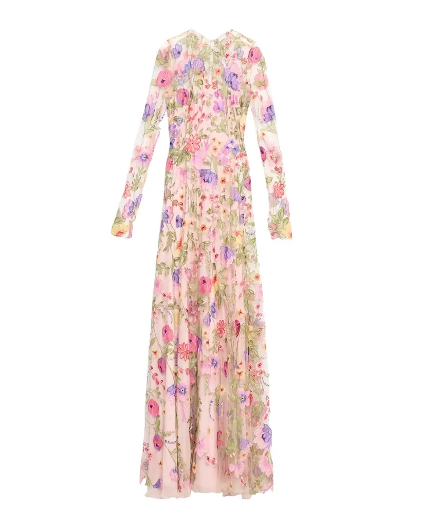 Naeem Khan Floral Embroidered Long-Sleeve Illusion Gown
