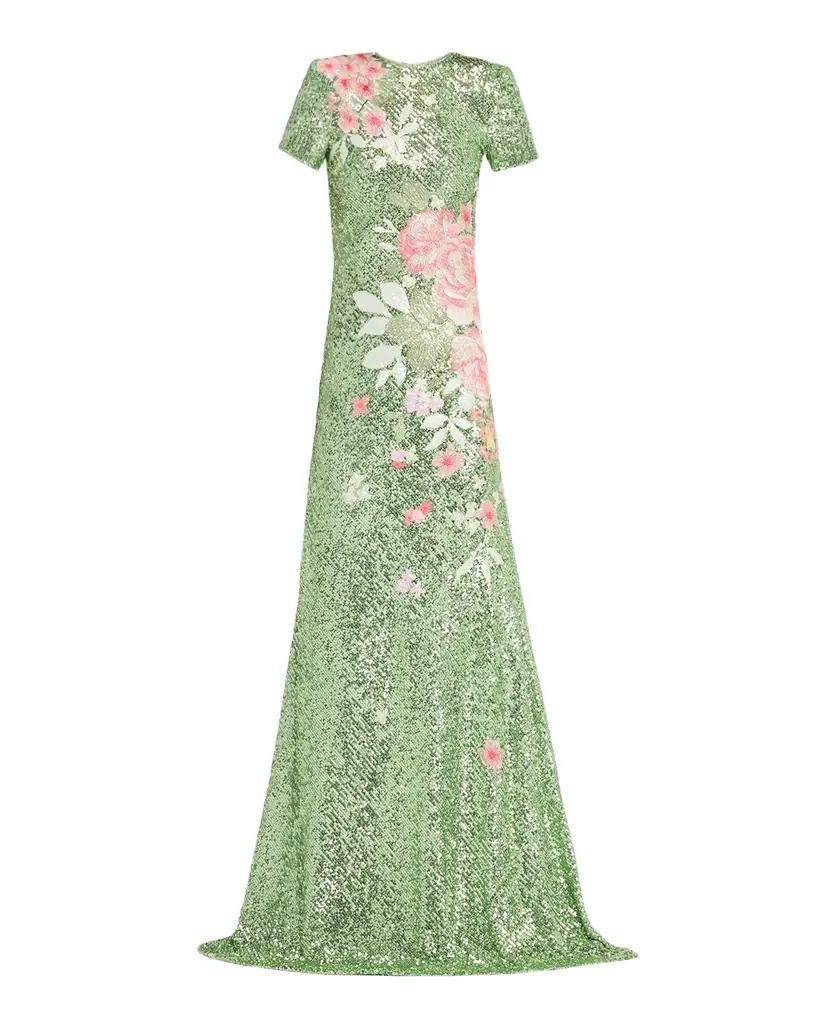 Naeem Khan Floral Embroidered Short-Sleeve Sequined Gown