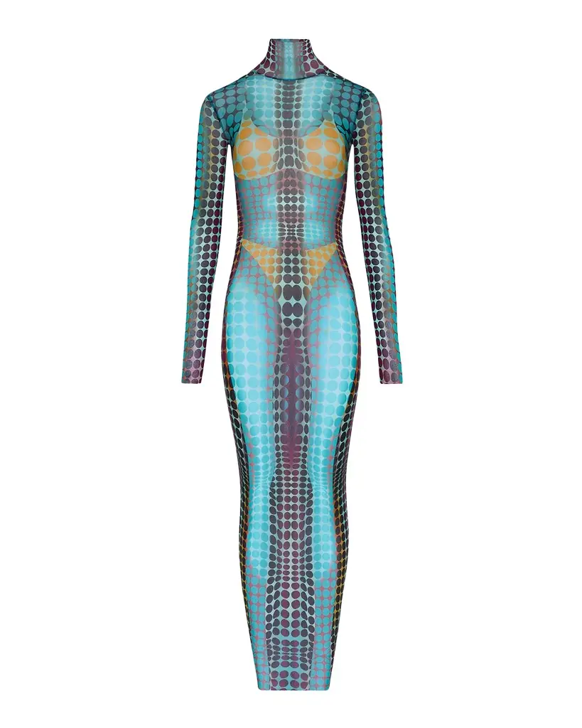 Jean Paul Gaultier Re-Edition Polka-Dot Trompe L 'oeil Mesh Long-Sleeve Maxi Dress