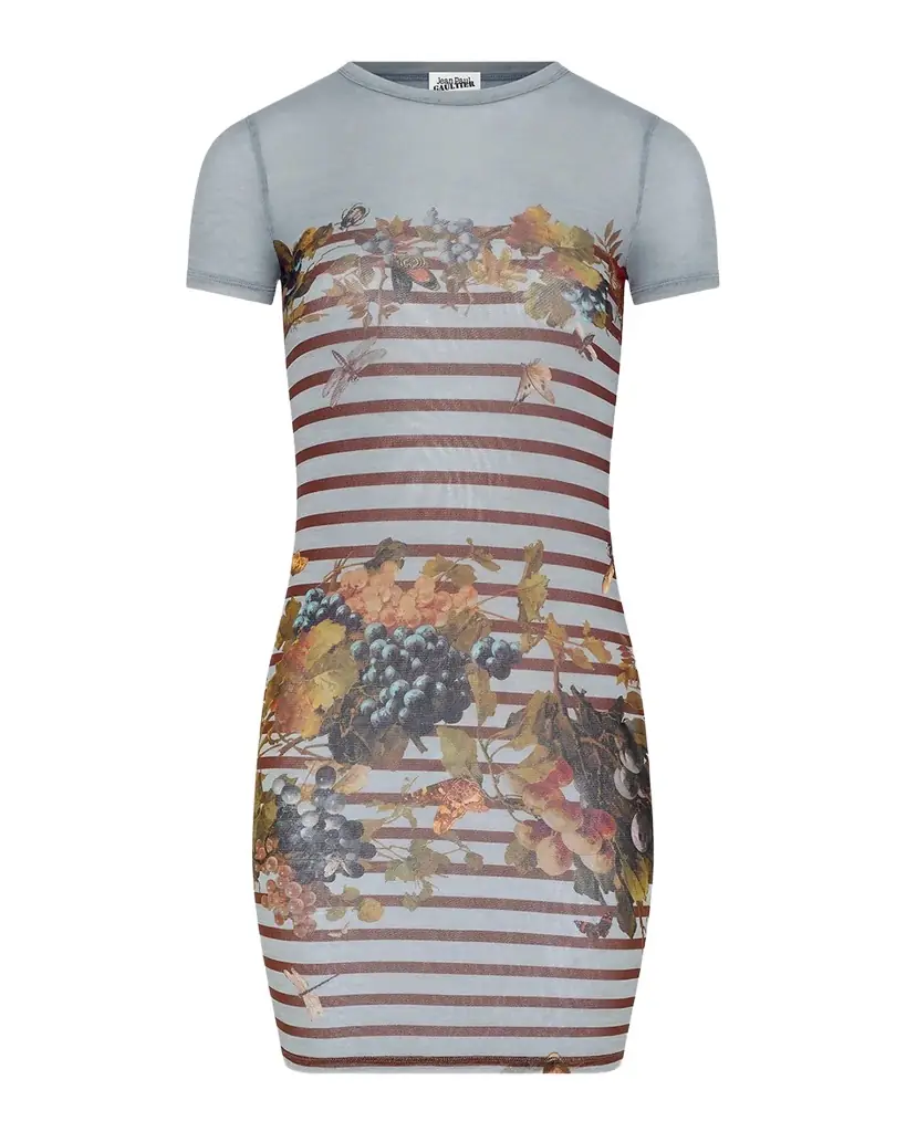 Jean Paul Gaultier Mariniere Grapes-Print Mesh Short-Sleeve Mini Dress