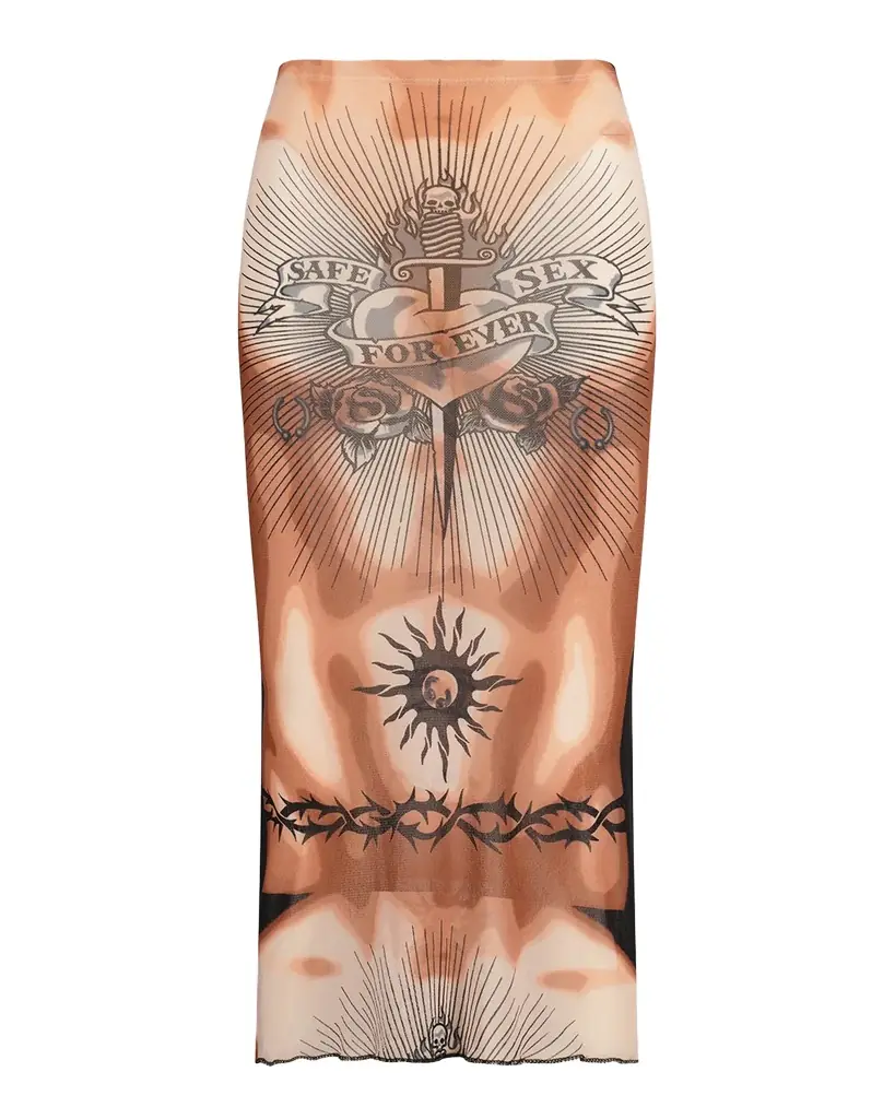 Jean Paul Gaultier Re-Edition Tattoo-Print Mesh Midi Skirt