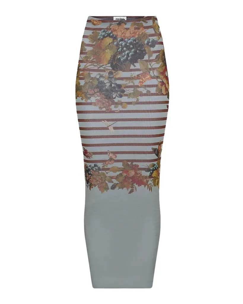 Jean Paul Gaultier Mariniere Grape-Print Mesh Maxi Skirt