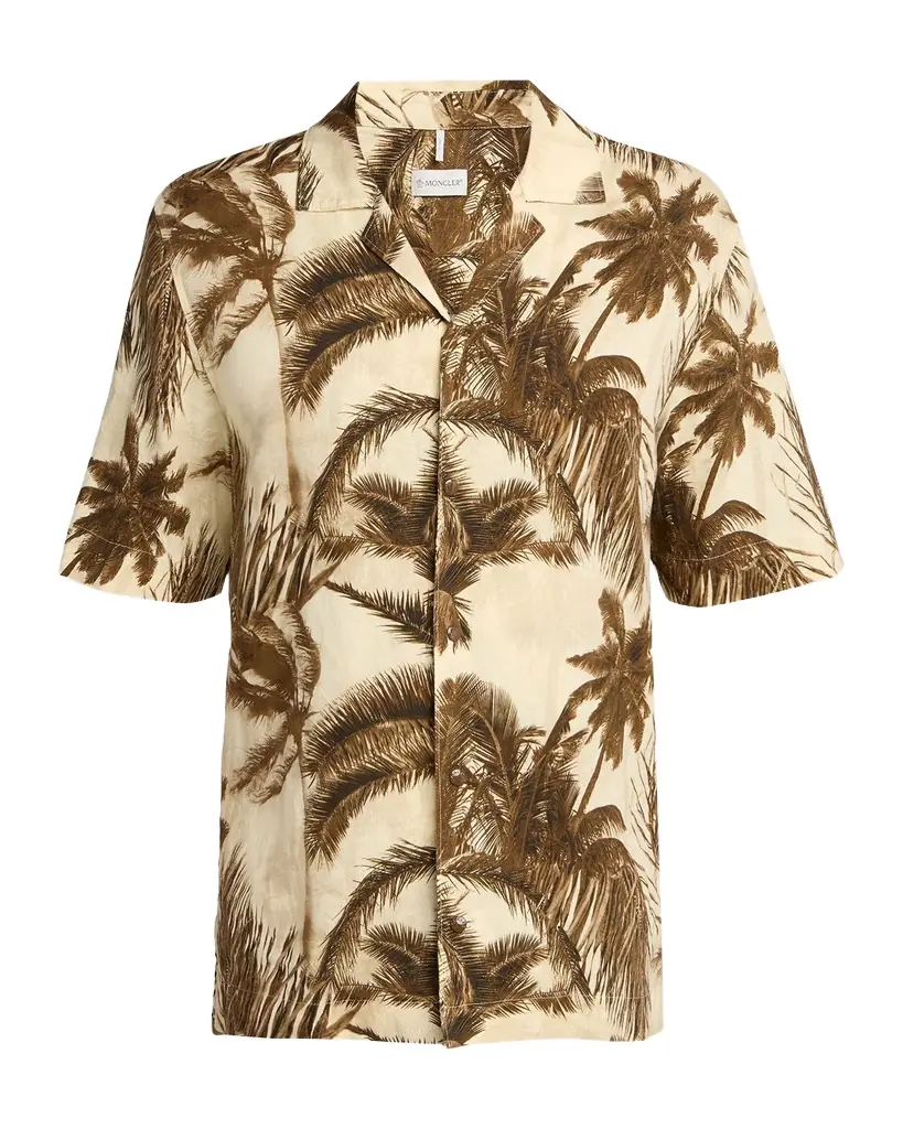 Moncler Men 's Palm Tree Cotton and Flax Camp Shirt