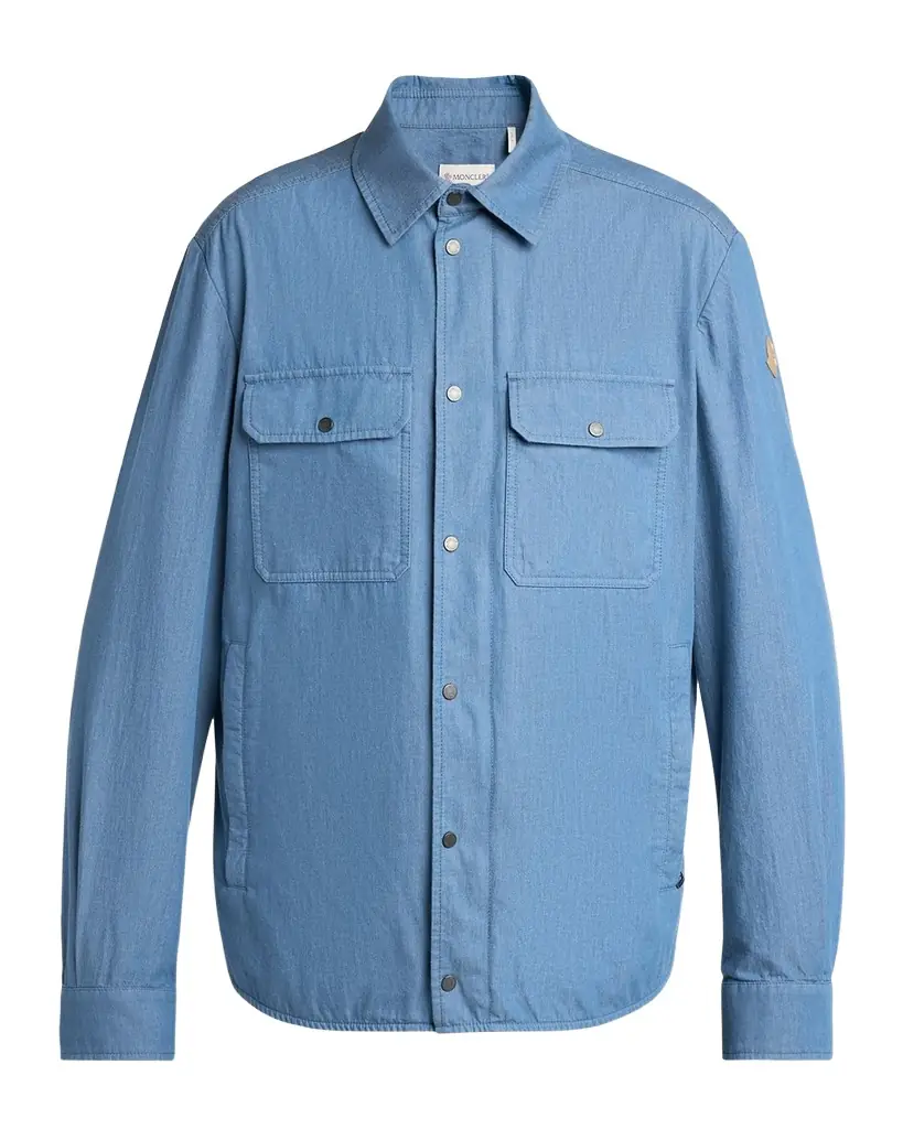 Moncler en 's Denim Snap-Front Shirt with Leather Patch
