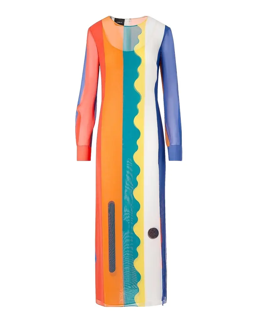 Akris Paravent-Print Silk Long-Sleeve Slits Maxi Dress