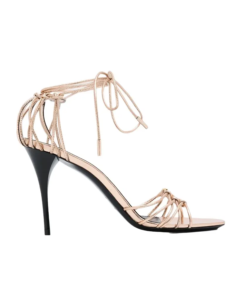 Saint Laurent 90mm Babylone YSL Metallic Leather Ankle-Tie Sandals