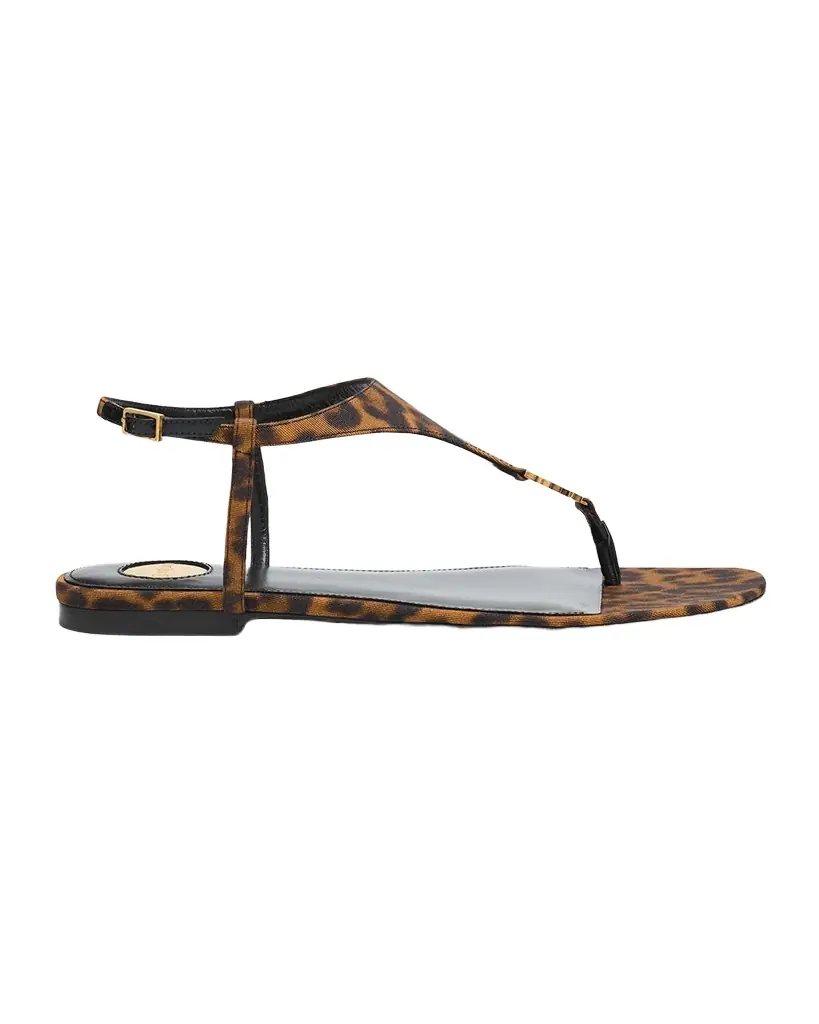 Saint Laurent Cassandre YSL Leopard-Printed Grosgrain Flat Sandals