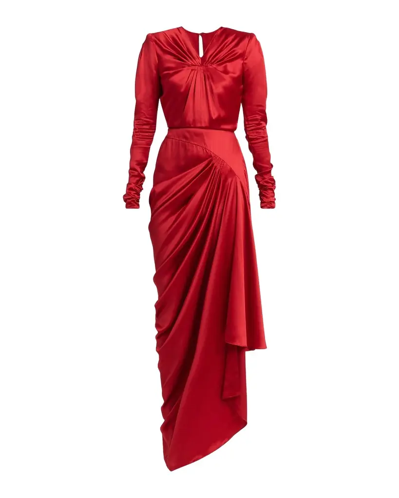 Valentino Garavani Asymmetric Draped Satin Long-Sleeve Gown