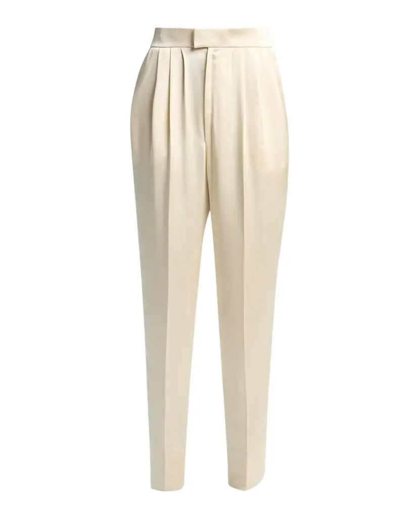 Saint Laurent Pleated Silk Slim-Leg Ankle Pants