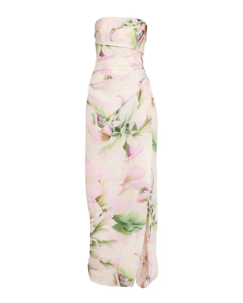 Monique Lhuillier Strapless Tulip Printed Gown with Slit