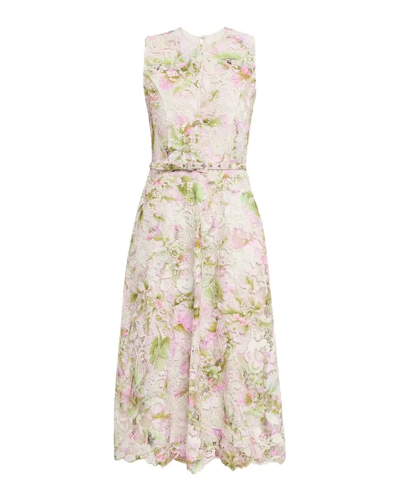 Monique Lhuillier Printed Tulip Lace Sleeveless Belted Midi Dress