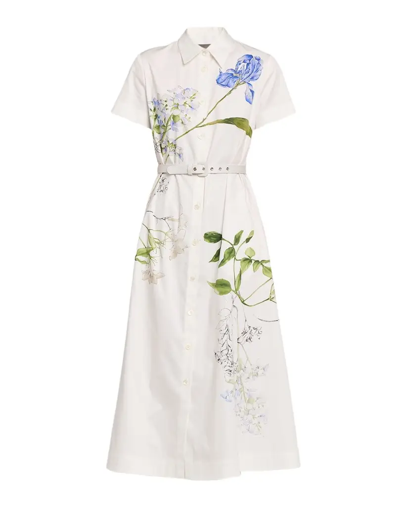 Monique Lhuillier Floral Cotton Short-Sleeve Midi Shirtdress