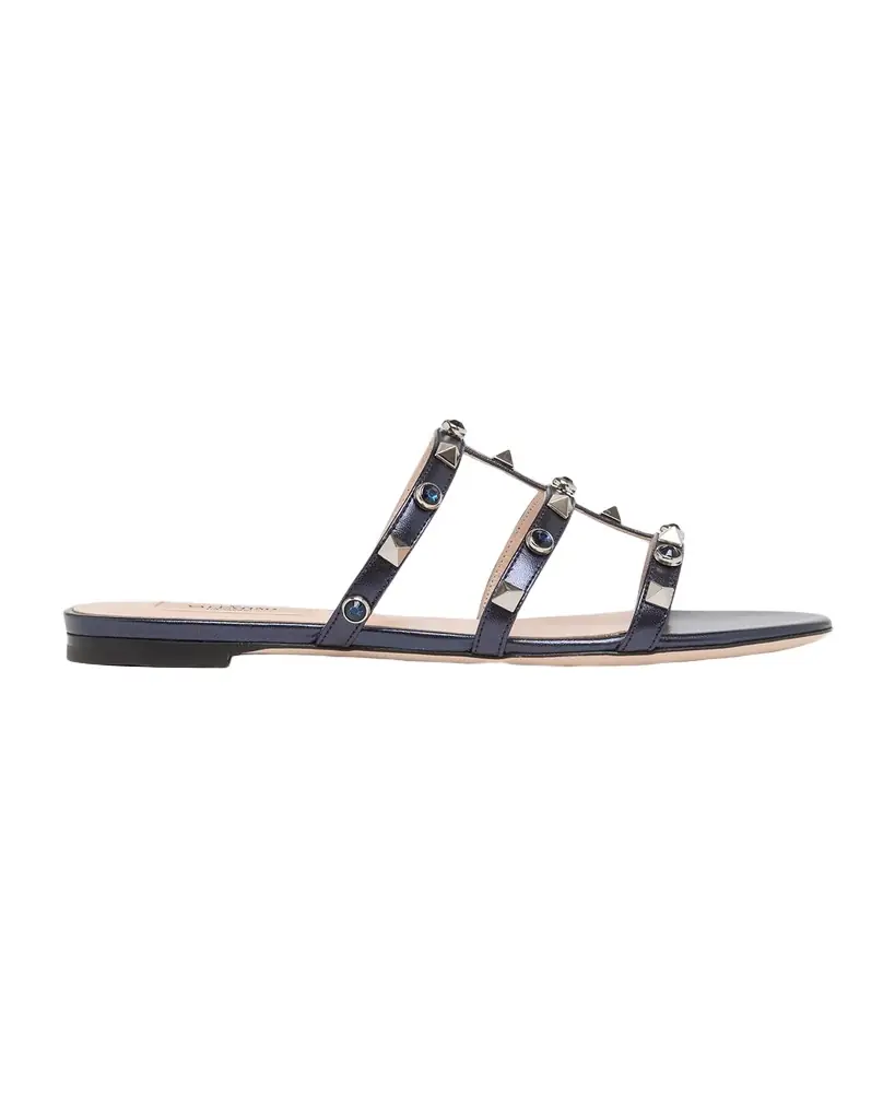 Valentino Garavani 5mm Rockstud Metallic Leather Flat Slide Sandals
