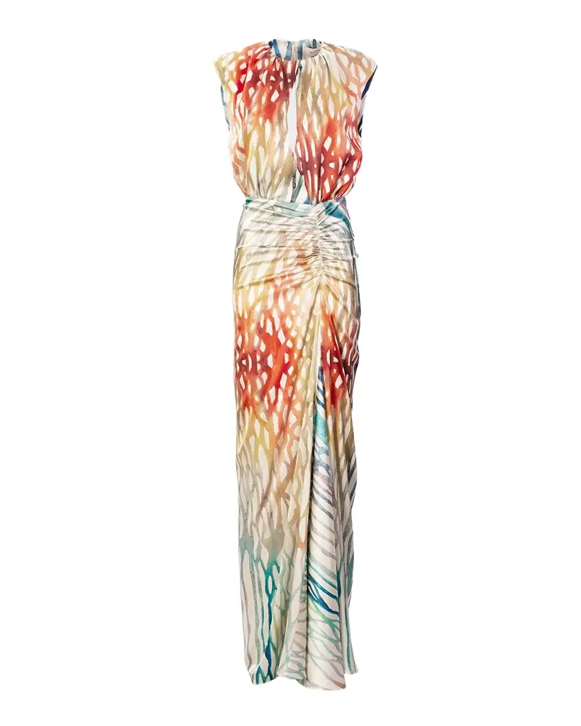Silvia Tcherassi Samaira Coral Symphony Ruched Sleeveless Maxi Dress