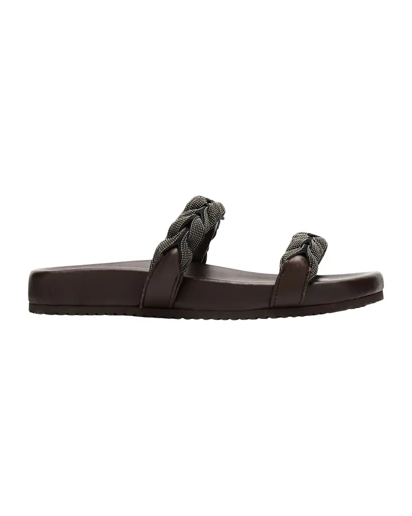 Brunello Cucinelli Braided Monili Leather Slide Sandals