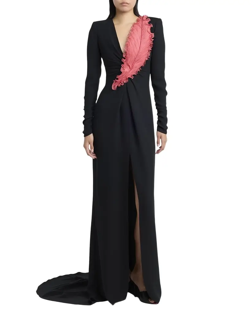 Valentino Garavani Plunging Embroidered Crepe Long-Sleeve Slit Gown