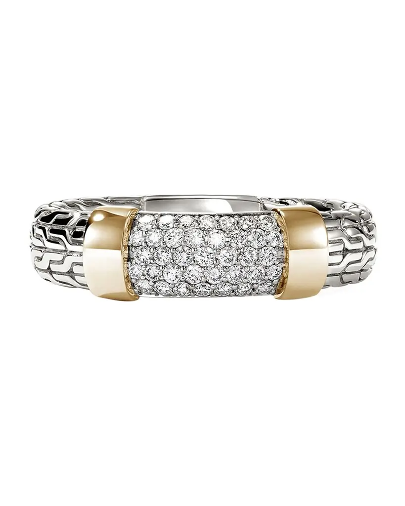 John Hardy JH Essential Sterling Silver and 14K Yellow Gold Diamond Pave Ring