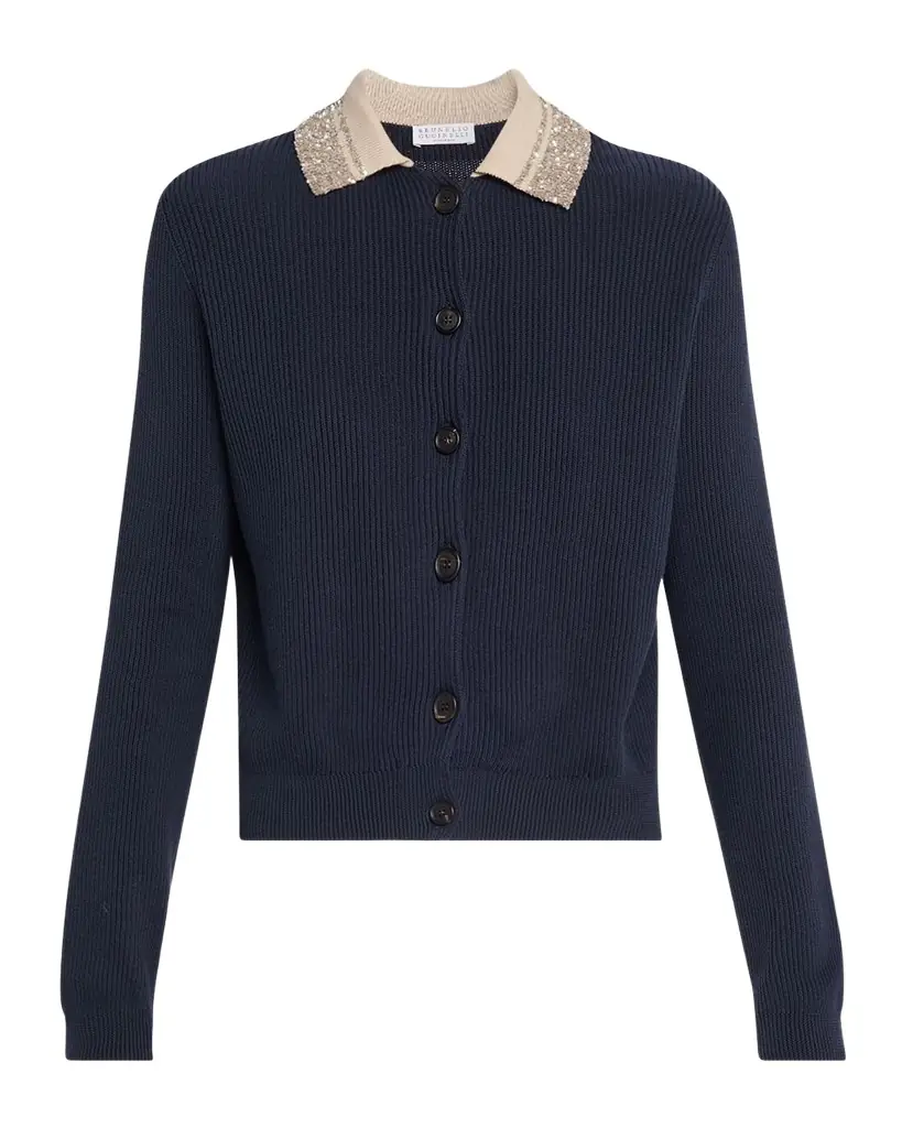 Brunello Cucinelli Paillette Collar Cotton Rib Cardigan