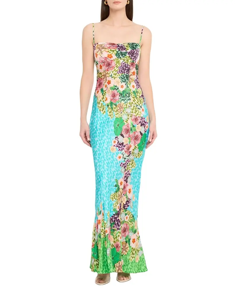 Saloni Renee Long Floral Silk Spaghetti-Strap Dress