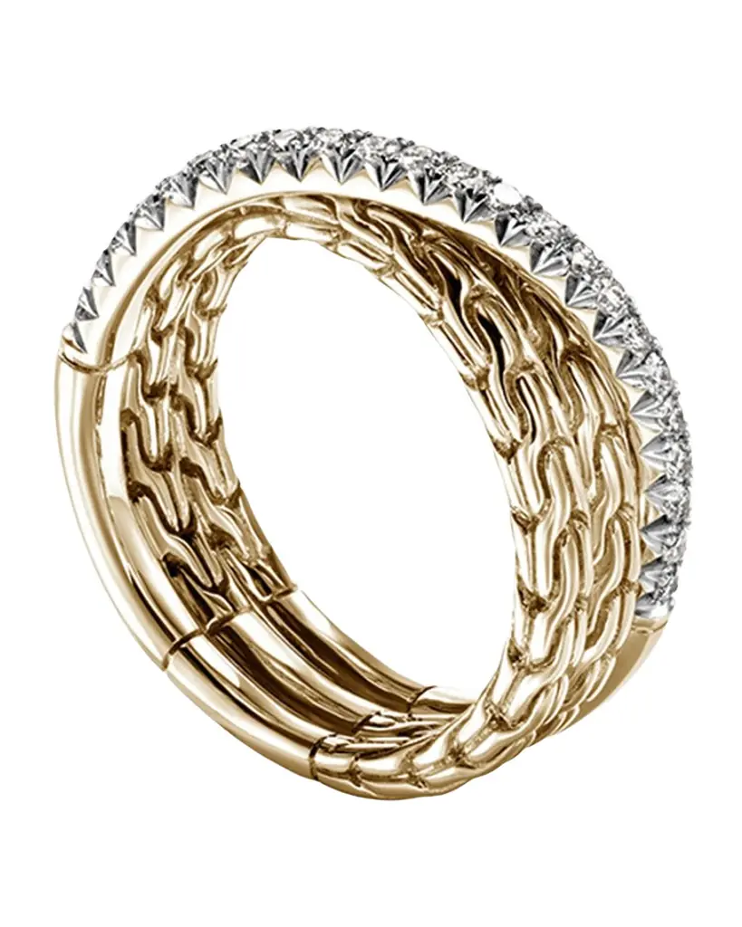 John Hardy JH Essential 14K Yellow Gold and Diamond Pave Crossover Ring, 7mm