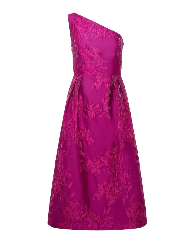 Kay Unger New York Dorrit One-Shoulder Tea-Length Jacquard Dress