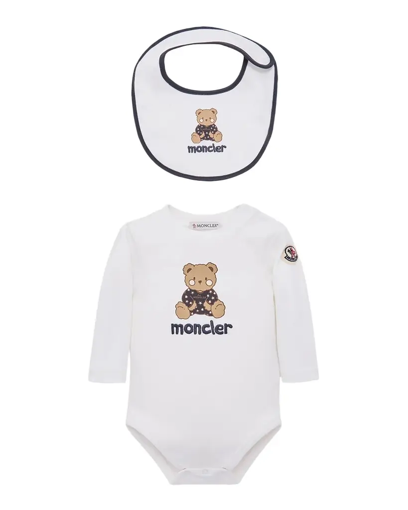 Moncler Kid 's Teddy Bear Logo Cotton Romper & Bib Gift Set, Size 1M-12M