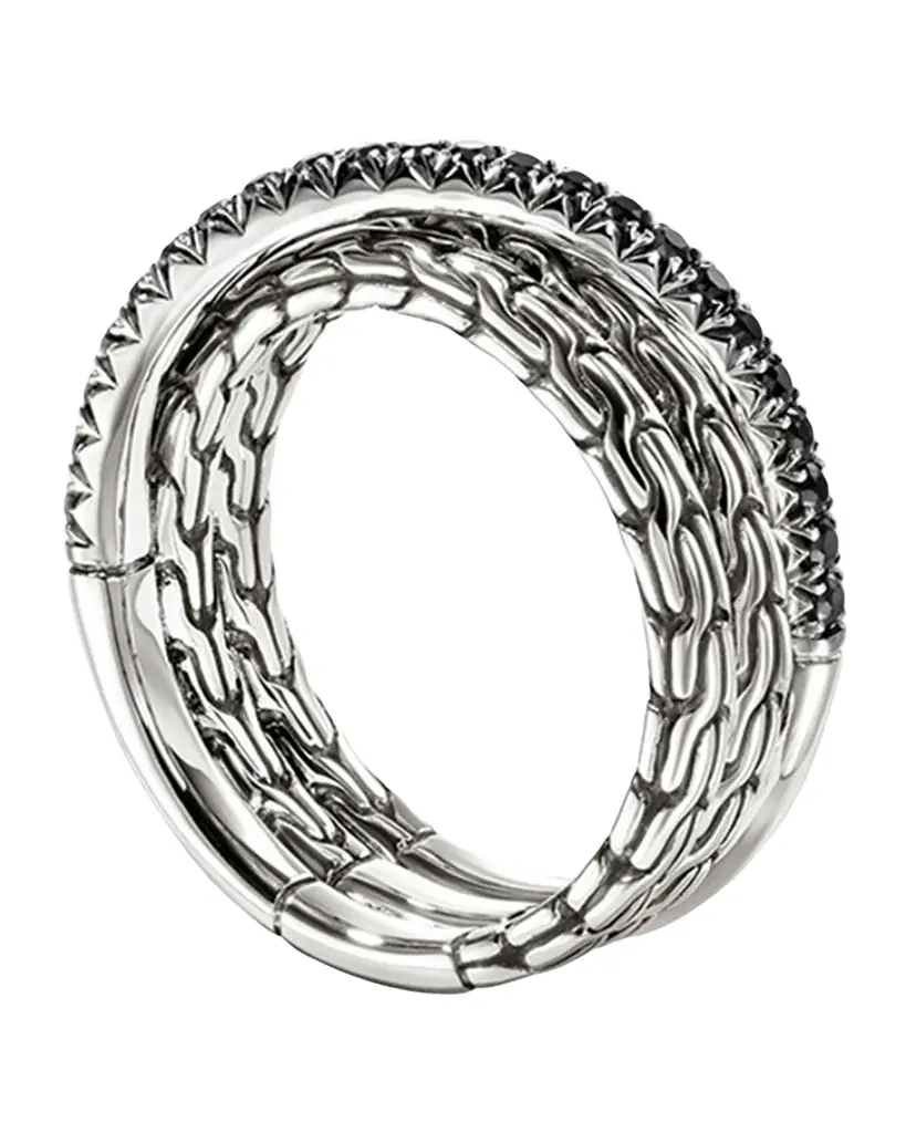 John Hardy JH Essential Sterling Silver and Black Sapphire Pave Crossover Ring, 7mm