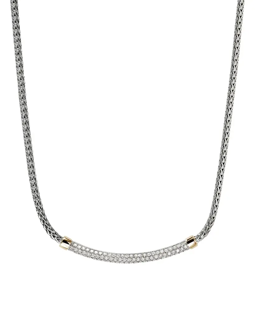 John Hardy JH Essential 14K Gold and Sterling Silver Diamond Pave Station Necklace, 2.5mm