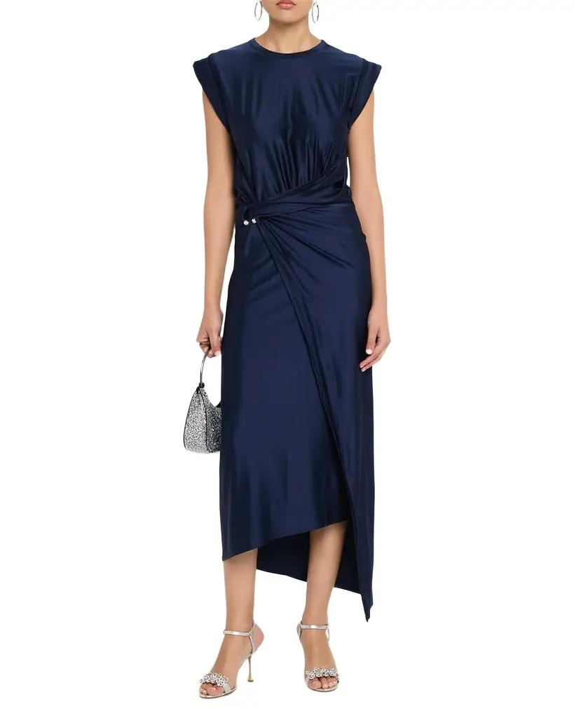 Rabanne Cap-Sleeve Pierced Draped Jersey Midi Dress
