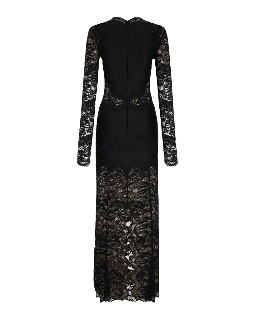 Rabanne Long-Sleeve Stretch Lace Jersey Maxi Dress