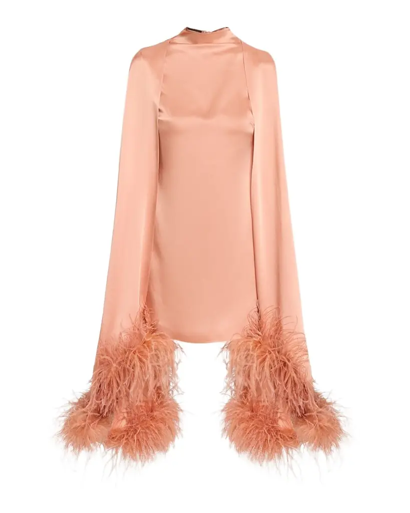 LAPOINTE Feather Trim Satin Cape Sleeve Mini Dress