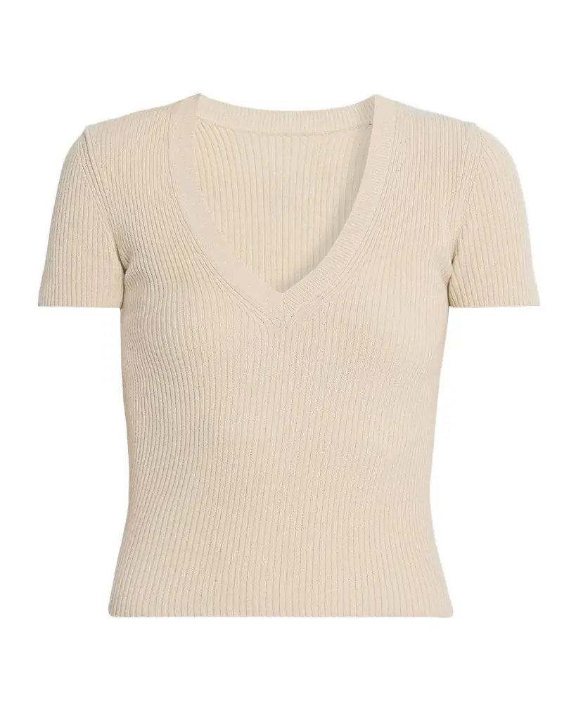 Nili Lotan Italia Cotton-Silk Rib Short-Sleeve V-Neck Sweater