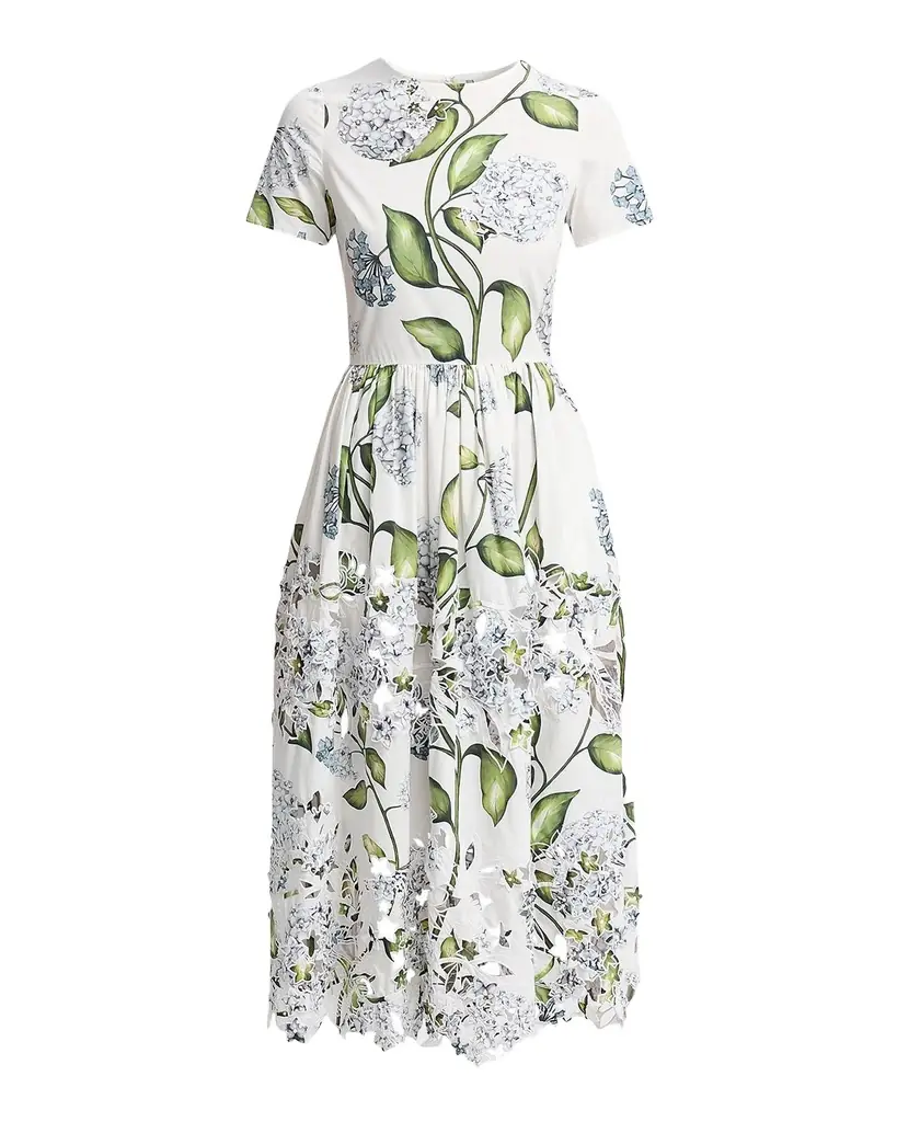 Oscar de la Renta Short-Sleeve Porcelain Flower Embroidered Midi Dress