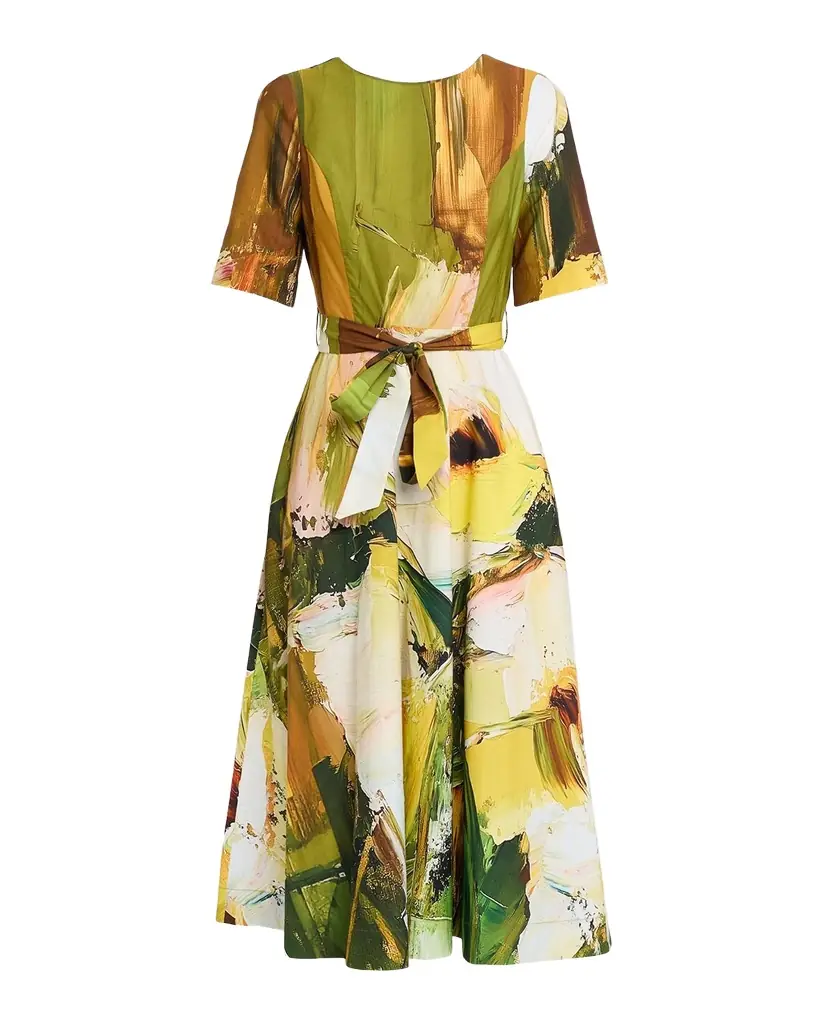 Rickie Freeman for Teri Jon Brushstroke-Print Cotton Midi Dress