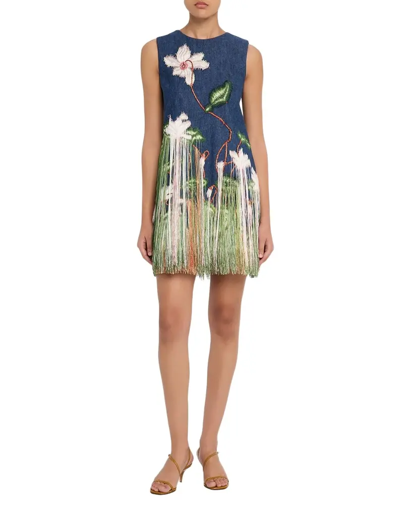 Oscar de la Renta Sleeveless Cyclamen Fringe Denim Mini Dress