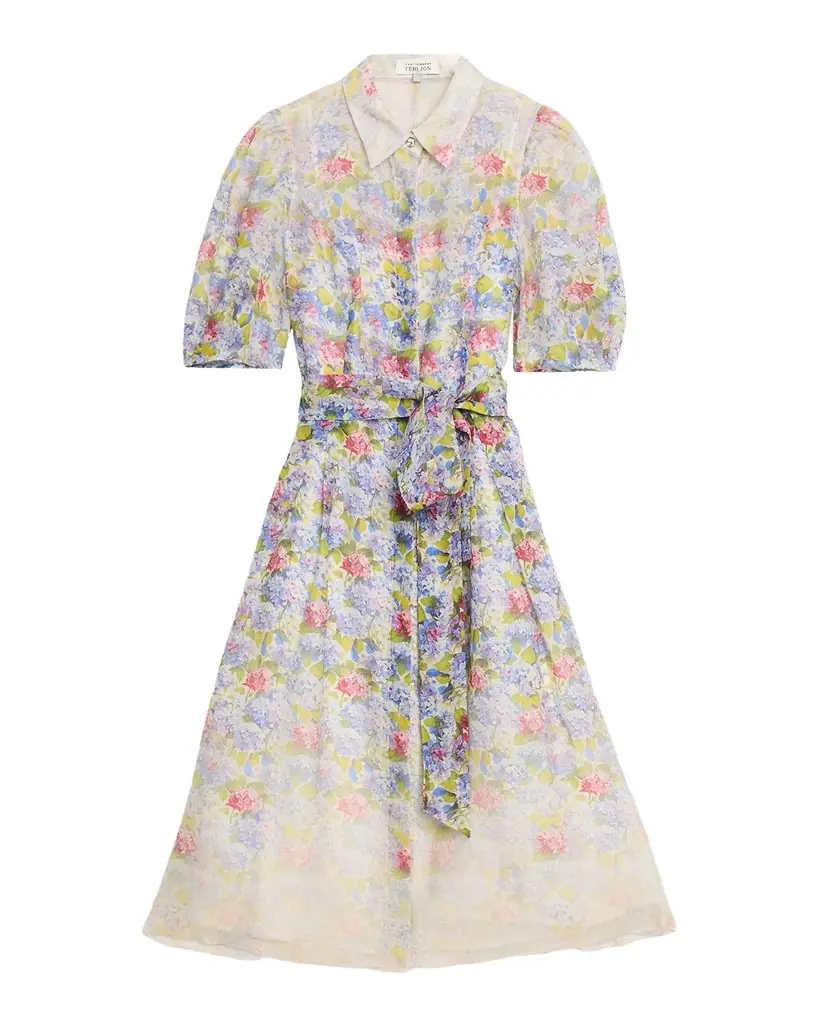 Rickie Freeman for Teri Jon Silk Linen Print Puff-Sleeve Shirtwaist Dress