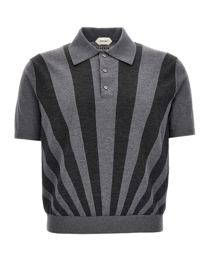 Versace Men 's Embroidered Intarsia Wool Knit Polo Shirt