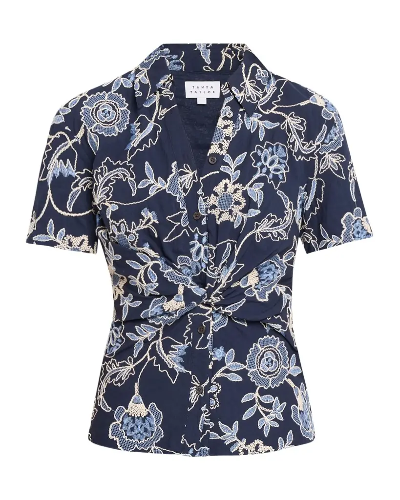 Tanya Taylor Oakley Floral Embroidered Button-Front Top