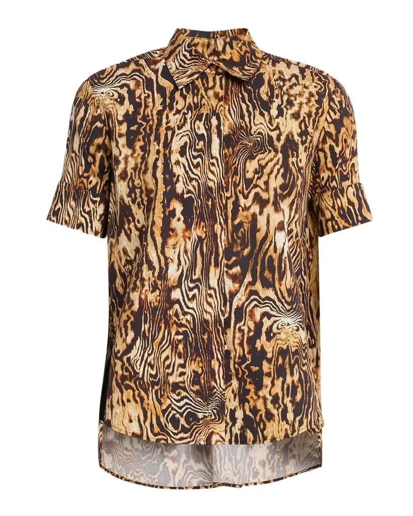 Adam Lippes Charlie Animal-Print Short-Sleeve Button-Down Top